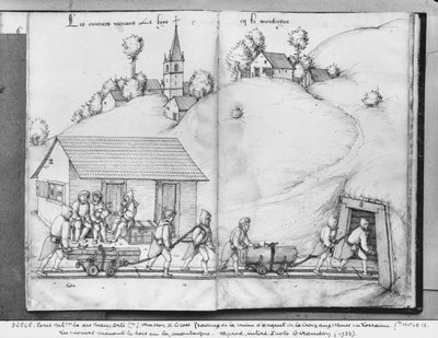 Silver mine of La Croix-aux-Mines, Lorraine, fol.11v and fol.12r, miners bringing wood into the mine, c.1530 by Heinrich Gross or Groff